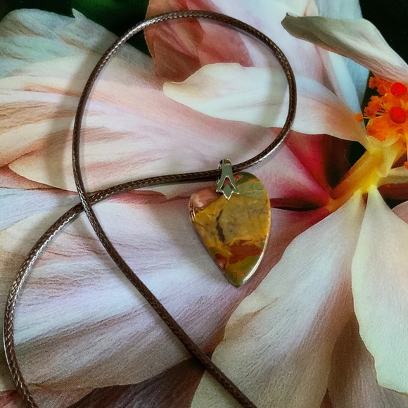 Handcrafted Mexico Crazy Lace Agate Heart Necklace on Faux Leather Brown Cord - Picture 4 of 9